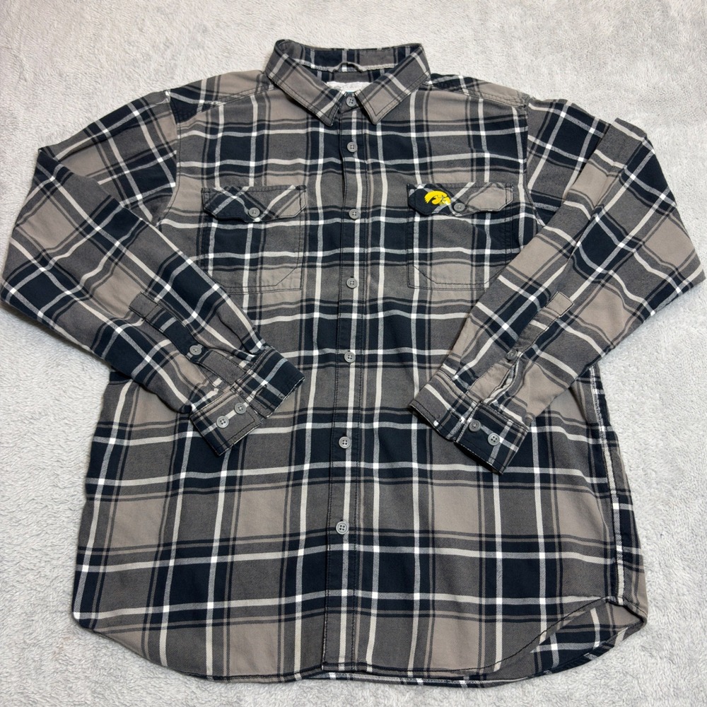 Columbia Flannel Shirt Mens Large Grey Iowa Hawkeyes Plaid Long Sleeve Button Up